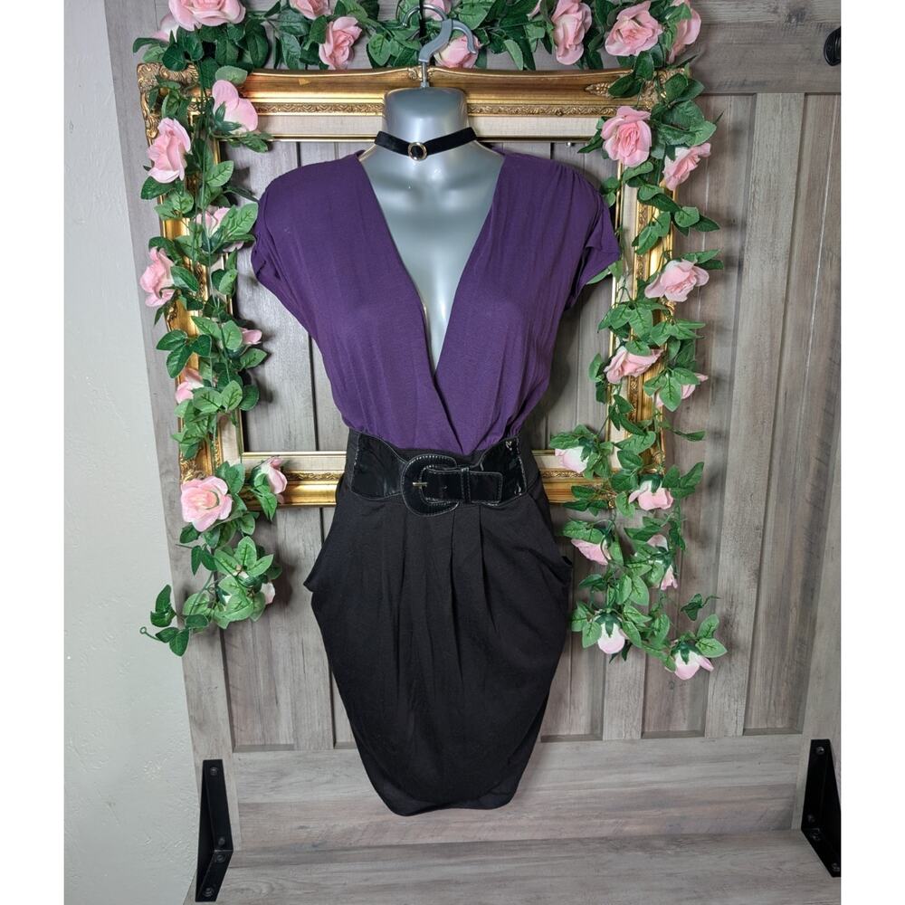 Delirious Los Angeles Size XL Purple Black Belted Deep V Neck Y2K Party Dress